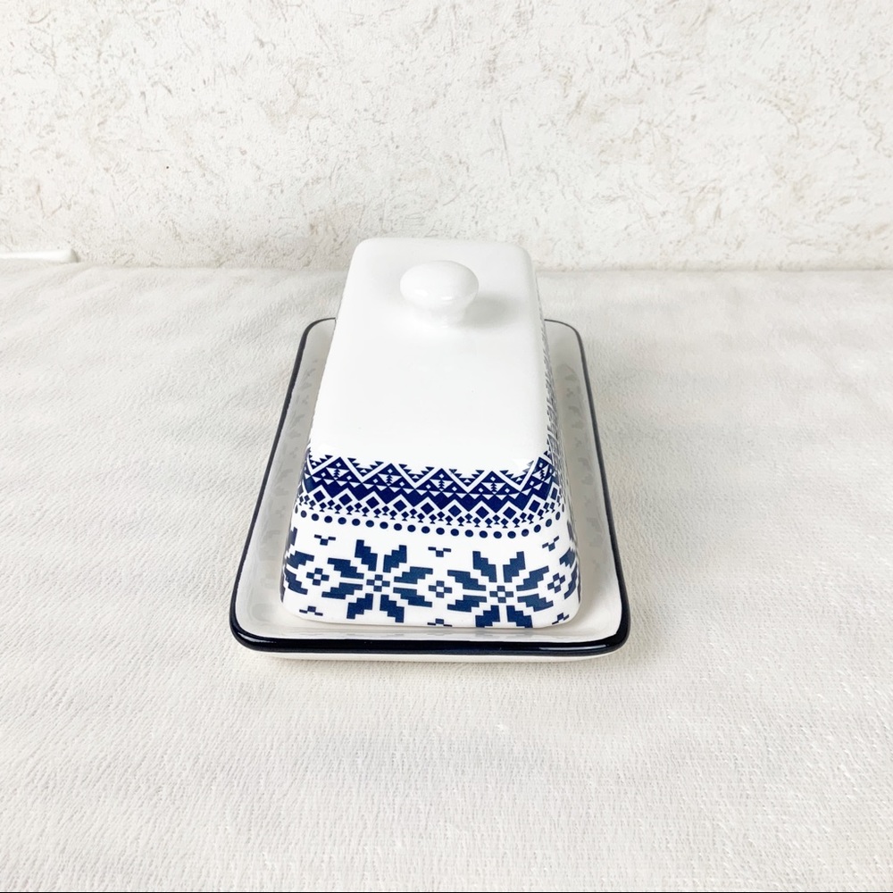 Snowflake Butter Dish Fair Isle Sweater Pattern Retro Winter Ceramic Christmas - Picture 2 of 6